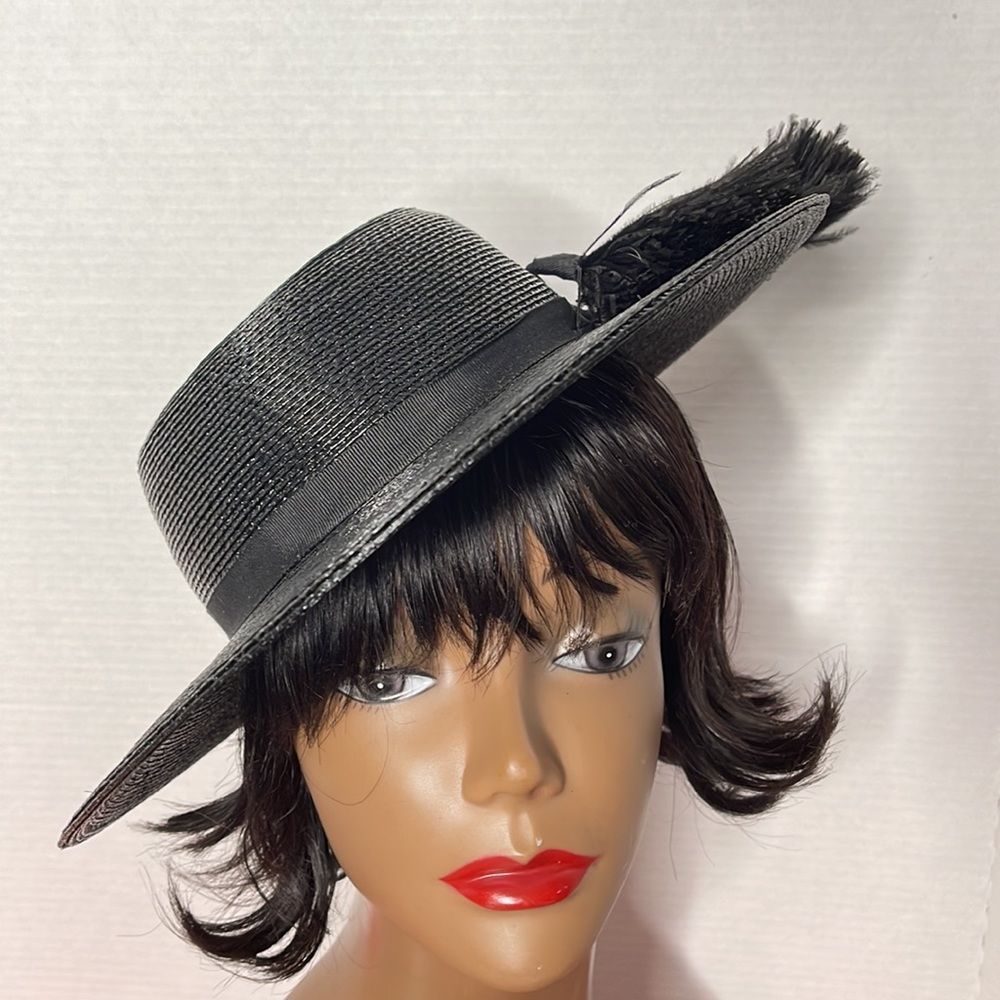 Vintage 60s Black Straw Hat with Feather Plume - Picture 10 of 15